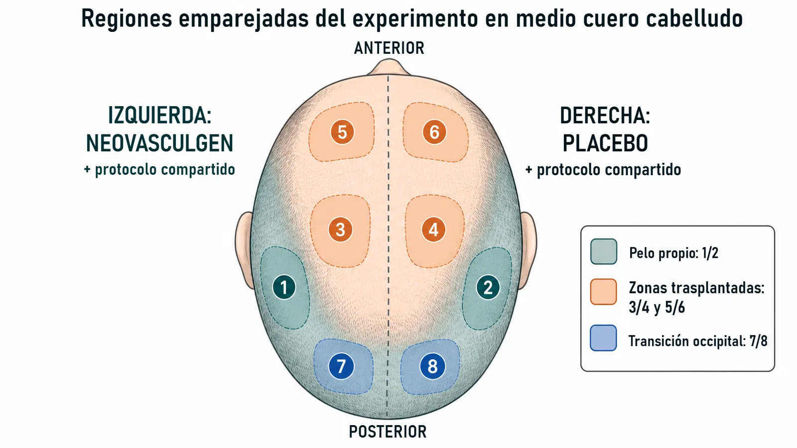 Mapa de zonas del experimento ciego en medio cuero cabelludo: regiones emparejadas 1 a 8, con el lado izquierdo recibiendo Neovasculgen y el derecho placebo