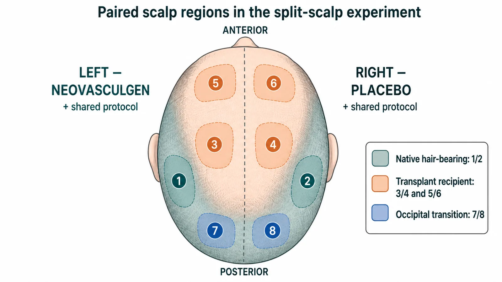 Site map of the blinded split-scalp experiment: paired scalp regions 1 to 8, with the left side receiving Neovasculgen and the right side placebo